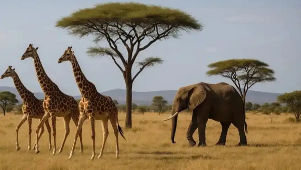 Symbolbild einer afrikanischen Savanne mit drei Giraffen und einem Elefanten unter Akazienbäumen – Darstellung für Safari und Stammeskultur in Tansania.